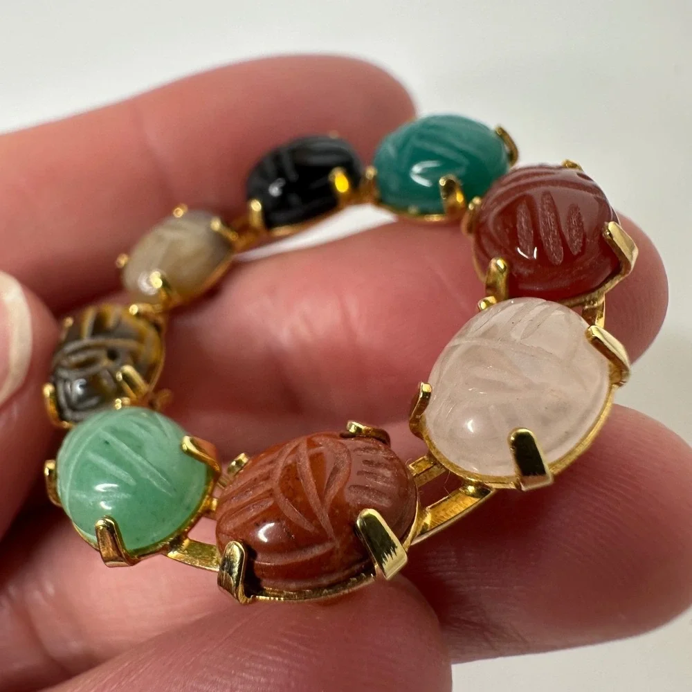 Vintage Gold Tone Multi Color Scarab Wreath Brooch Pin Egyptian Revival Costume